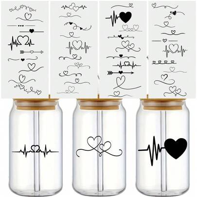 4pcs Simple Line Heart Divider Pattern UV DTF Stickers, Cycling Stickers, Waterproof And Scratch-Resistant, Suitable For Surfaces Such As Glass Cups, Mugs, Gift Boxes, Planners, Bookmarks, Candles, Notebooks, Bicycle Frames, Rims, Etc.; Ideal For Cycling Decoration, Home Decoration, Holiday Decoration, Atmospheric Decoration, And Arts And Crafts Stickers.