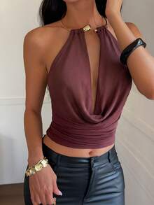 Women's Sleeveless Backless Cropped Knit Top, With Fitted Hem, Slightly Stretchy Fabric - Burgundy - View 10