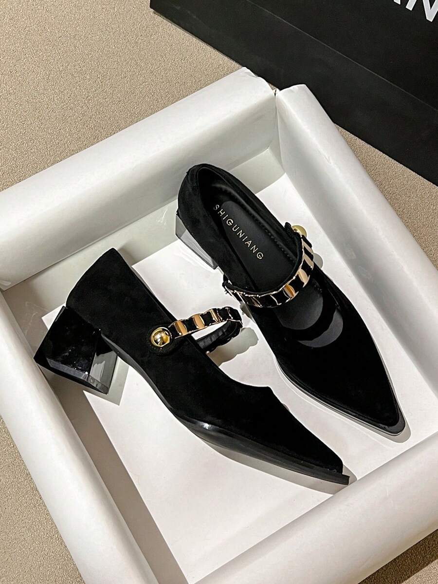 2026春季新款女鞋，复古玛丽珍粗跟尖头浅口鞋，金属搭扣设计，通勤及日常穿着，棕色、米色、黑色 - 黑色 - 查看 1