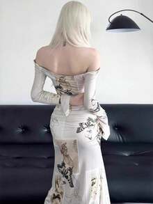 Vestido largo escote hombros descubiertos manga larga estampado mariposa cintura alta ajustado - Blanco - Ver 4
