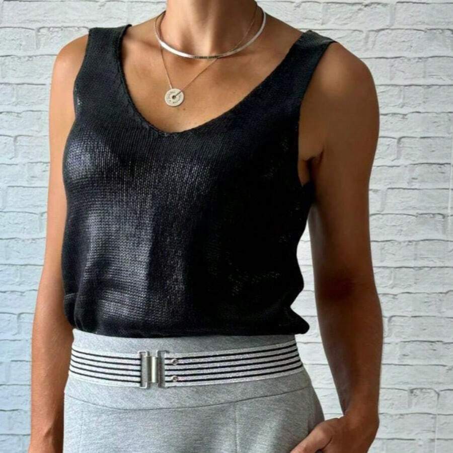 Metallic Knit Tank Top For Women, Backless Knit, Metallic Knit Nightwear - Negro - Ver 1