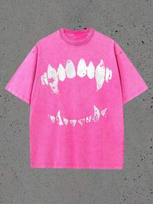 Funny Graphic Tee Short Sleeve T-Shirt Vintage Wash Tee Black Teeth Graphic Print Casual Daily Wear Y2K Street Wear Unique Quirky Pattern Short-Sleeve T-Shirt - Hồng - Xem 4