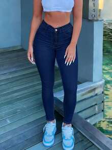 Women's Mid-Rise Medium Stretch Skinny Jeans, Elastic Fitted For Casual Daily Wear - Dark Wash - View 4