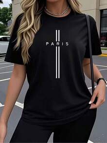 Camiseta de manga corta para mujer de algodon suave y transpirable cuello redondo diseo minimalista con estampado de letras Paris elegante y casual ideal para uso diario o ocasiones especiales color - Negro - Ver 2