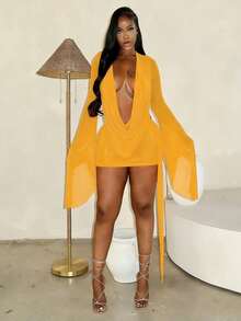 2026 Women's Summer New Mesh Swinging Neck Swing Long Sleeve Halter Dress Women - y - Xem 2
