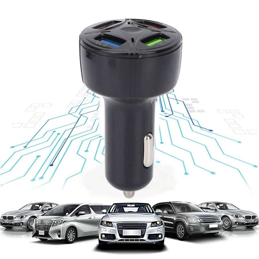 Black Car Charger – 4 USB Ports (1 in 4), QC3.0, Fire Retardant, Multi-Protection, 12-32V Universal, Plug & Play - A - Ver 1
