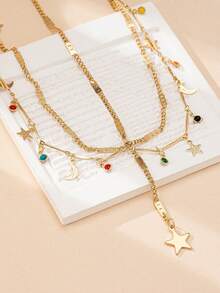 1pc Fashionable Metal Star & Moon Pendant Headchain, Suitable For Women's Daily & Ramadan Outfits - Gold - View 2