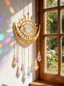 1件金色眼睛和新月形光影捕捉悬挂装饰，闪亮窗户阳光捕捉器，波西米亚风星空家居装饰，神秘眼睛图案，灵性美学，弧形新月造型，眼睛轮廓和月相镂空设计，多股棱镜吊坠，闪亮反光细节，可折射阳光，提亮空间，平衡能量，营造平静氛围。适用于家居窗户、客厅、卧室、阳台、墙壁、门廊、冥想室、瑜伽空间，春夏家居装饰。 - 款式2 - 查看 2
