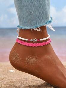 Set de 2 tobilleras de estilo bohemio para mujer, hechas de cuerdas con cuentas y diseño tejido de caballito de mar - Calcetín - Ver 1