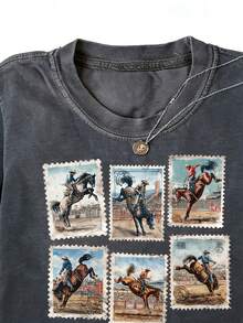 Vintage Washed Cotton Women's T-Shirt, Western Rodeo Cowboy Wild Horse Stamp Print Retro Casual Streetwear Top, Versatile Summer&Autumn Daily Wear Tee - 咖啡棕 - 查看 7