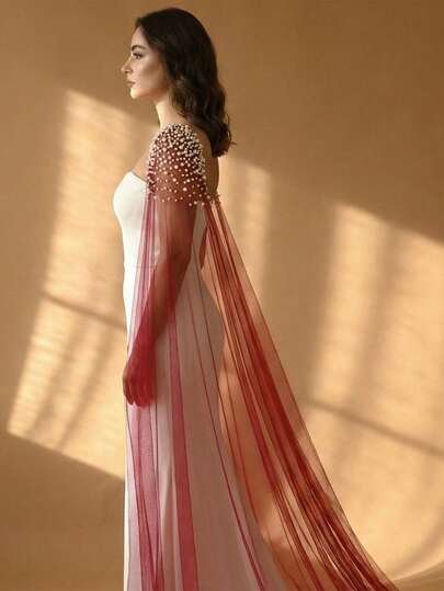 1 Pair Burgundy Sheer Pearl Shawl, Fashionable Wedding Dress Shoulder Cover, Arm Slimming