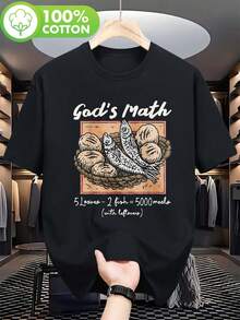 Camiseta de Fe Cristiana para Hombres - 5 Panes 2 Peces & Milagro de los 5000 (Marcos 6:30-51) - Camiseta Religiosa Negra con Diseño de Peces y Pan - Ajuste Cómodo para Iglesia, Exteriores y Uso Diario - Camiseta con Versículo Bíblico para Hombres - Duradera - [Negro] - Ver 1