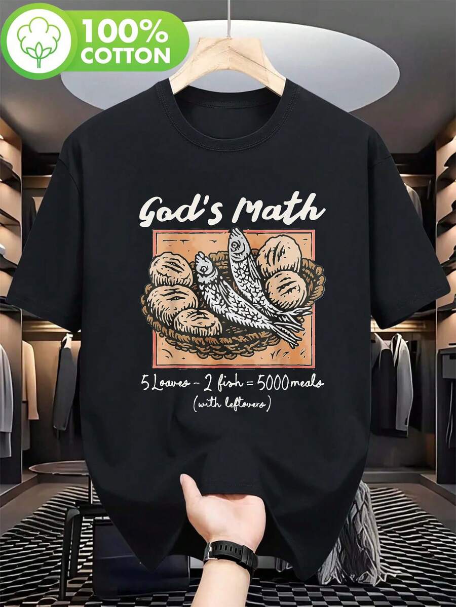 Camiseta de Fe Cristiana para Hombres - 5 Panes 2 Peces & Milagro de los 5000 (Marcos 6:30-51) - Camiseta Religiosa Negra con Diseño de Peces y Pan - Ajuste Cómodo para Iglesia, Exteriores y Uso Diario - Camiseta con Versículo Bíblico para Hombres - Duradera - [Negro] - Ver 1