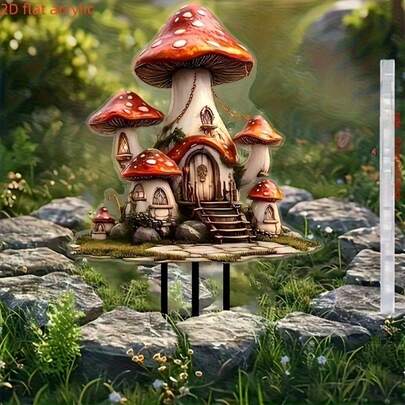 2D立体梦幻仙女蘑菇屋花园插牌 - 充满想象力的户外装饰，亚克力材质，适合生日和乔迁庆祝活动，无需用电，蘑菇造型，是花园装饰的完美之选