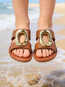 1 par de sandalias planas de punta redonda para niños, de unicolor, con diseño de botón de metal dorado, de punta abierta, con estilo romano lindo, adecuadas para niños de 3 a 12 años, apropiadas para uso casual, playa y verano - Marrón - Ver 7