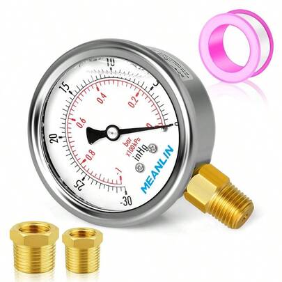 30inHG0Psi Stainless Steel 1/4 NPT 2.5 FACE DIAL Vacuum Pressure Gauge, Lower Mount, With 1/2 NPT And 3/8 NPT Hex Bushing