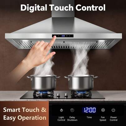Tieasy Range Hood 36 Inch Wall Mount Kitchen Hood 700 CFM With Ducted/Ductless Convertible Duct, Touch Control, Permanent Filters, Stainless Steel, 3 Speed Exhaust Fan