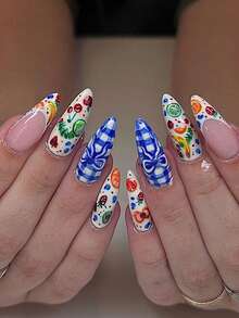 Bộ 24 miếng dán móng tay ngắn hình hạnh nhân kiểu Pháp màu xanh kẻ caro nhiều màu sắc, thích hợp cho các cô gái sành điệu, phụ nữ công sở, dự tiệc, hẹn hò và sử dụng hàng ngày. - Nhiều màu - Xem 1