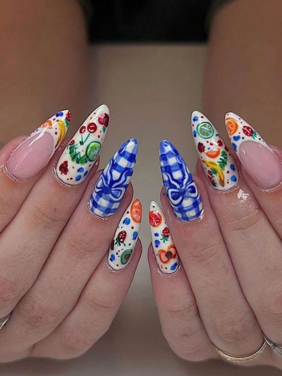 Bộ 24 miếng dán móng tay ngắn hình hạnh nhân kiểu Pháp màu xanh kẻ caro nhiều màu sắc, thích hợp cho các cô gái sành điệu, phụ nữ công sở, dự tiệc, hẹn hò và sử dụng hàng ngày. - Nhiều màu - Xem 1