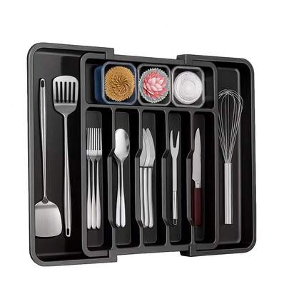Extendable Cutlery Tray Kitchen Drawer Organiser, Cutlery Drawer Organiser, 33-57CM Expandable Utensil Tray For Kitchen With 8 Compartment Holders, Adjustable Silverware And Flatware Holder, Compact Plastic Storage Insert For Spoons Forks Knives