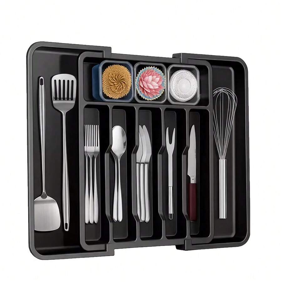 Extendable Cutlery Tray Kitchen Drawer Organiser, Cutlery Drawer Organiser, 33-57CM Expandable Utensil Tray For Kitchen With 8 Compartment Holders, Adjustable Silverware And Flatware Holder, Compact Plastic Storage Insert For Spoons Forks Knives - Xem 1
