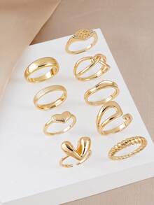 9pcs Fashion Crystal Heart & Geometric Ring Set, Suitable For Women's Daily, Date, Music Festival Stacking Wear - Yellow Gold - View 5