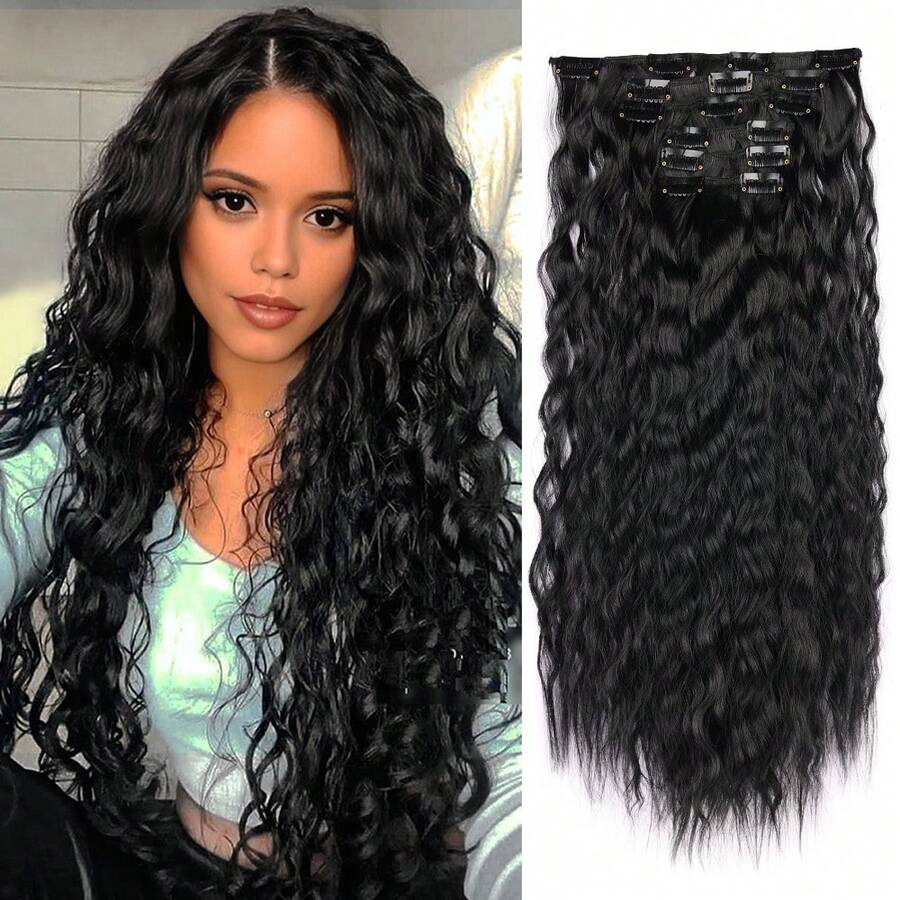 6pcs 22-Inch Black Mermaid Wave Synthetic Clip-In Hair Extensions - Multicolor - View 1