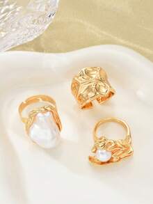 12/3pcs Vintage Elegant Bohemian Coin Style Women Metal & Pearl Stacking Ring Set, Includes Asymmetrical Pearl, Pleated, Hollow Geometric Waterdrop Multi-Element Design, Suitable For Daily, Party, Vacation, Wedding, Holiday Gift - Gold - View 9