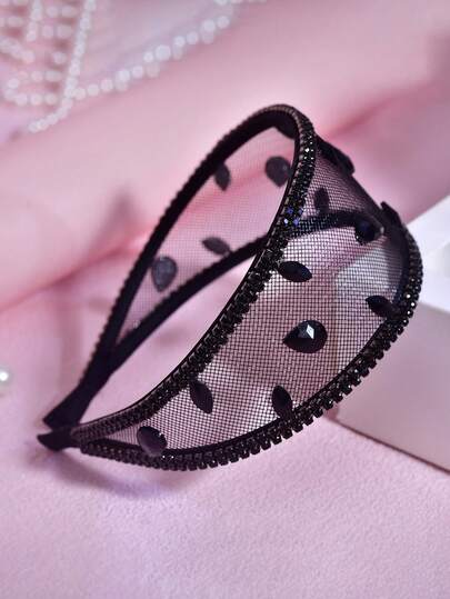 1pc Black Crystal Mesh Headband, Minimalist Rhinestone Hollow Wide Hair Hoop, Suitable For Bride, Wedding, Engagement, Festival, Party, Casual Outing, Gathering For Women