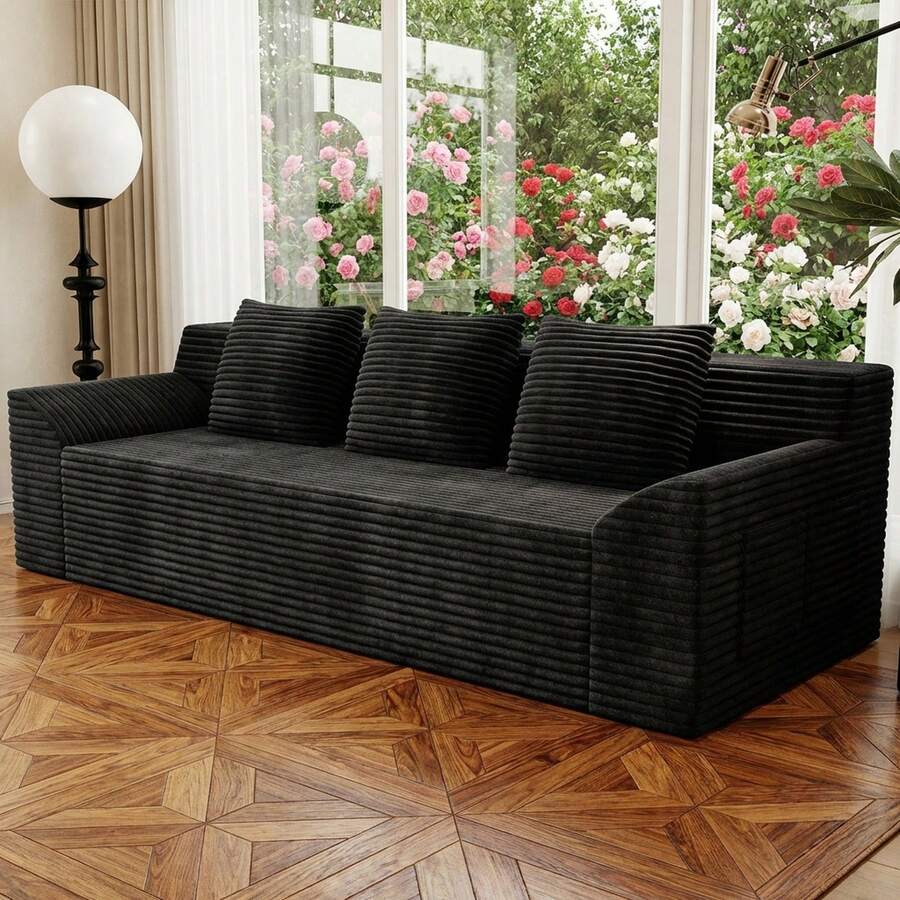 71 Inch 3-Seater Sofa, Corduroy Fabric Modular Sectional Sofa, Deep Seat Couch No Assembly Required For Living Room, Bedroom, And Apartment - 黑斜扶手 - 查看 1