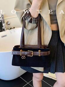 1pc Low Tea Solid Color Suede Fabric Shoulder Bag, Women's Retro Fashion Square Shoulder Bag With Top Double Handles, Zipper Closure, Suitable For Travel, Shopping, Dating, Women's Gift, Great For Commuting, Outdoor, Travel, Hiking , Valentines Gifts - 黑色 - 查看 5