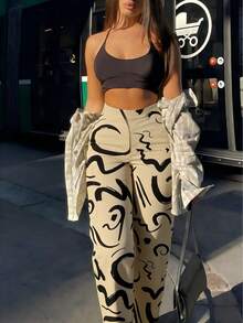 Spring Summer Women's Casual Fashionable Print Straight Cargo Pants, Y2k Multi-Pocket Long Pants, Vacation Beach Office School Outfits For Women - 杏色 - 查看 4