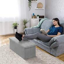 Gray Fabric Storage Bench With Folding Ottoman, Versatile Linen-Style Coffee Table And Shoe Storage Stool For Living Rooms And Bedrooms - 彩色 - 查看 3