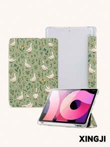 1个可爱鹅与花园插画印花平面保护套，兼容10.2英寸（第十代）/（A16）11英寸（第十一代）2025款、Pro 11英寸2021/2020款、Galaxy Tab A8 10.5英寸2022款、Matepad 10.4/Tab等，带笔槽，防摔，平板电脑支架，支持自动休眠/唤醒 - 彩色 - 查看 3