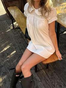 Women's Fairycore Babydoll Blouse Tops, Y2K Short Sleeve Shirt Mini Dress, Cute Solid Color Doll Collar Loose Blouses, Summer Casual Tops For Teen Girls, Streetwear, Aesthetic Clothes - trắng - Xem 7