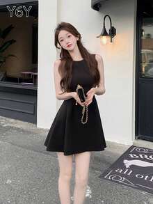 Y6Y 黑色无袖轻盈飘逸连衣裙 | 女士时尚甜美夏季短款连衣裙 - 黑色 - 查看 6