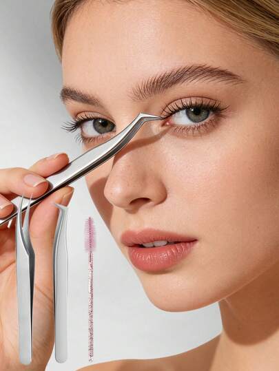 CIMACA 3件套，弯头镊子，睫毛刷，弯头镊子和弯头睫毛夹的组合，更好地满足多层次睫毛嫁接的需求，带来更佳体验，睫毛镊子，睫毛刷，假睫毛辅助工具套装，适合母亲节和复活节礼物。