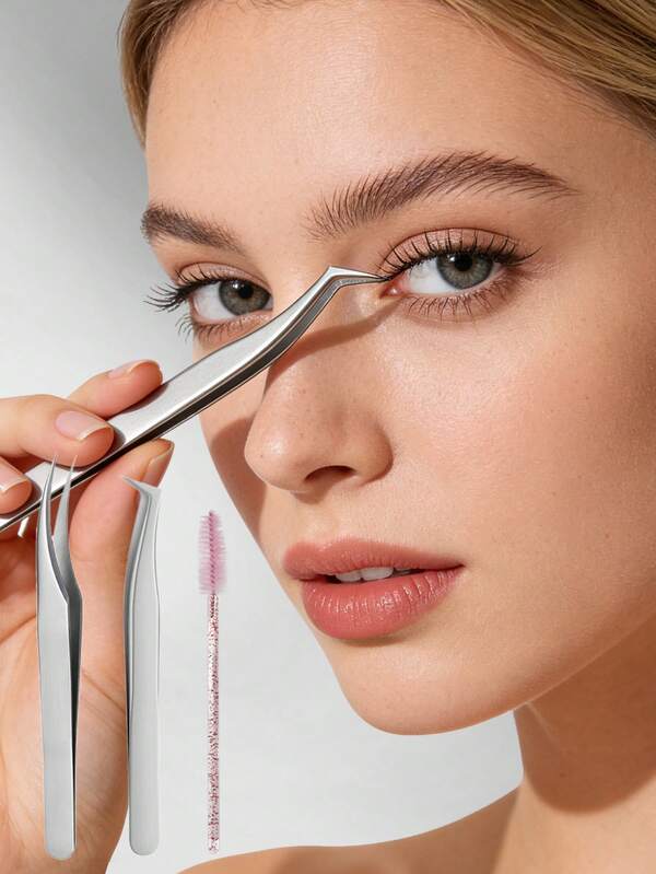 CIMACA 3pcs/Set, Curved Tip Tweezers, Lash Brush, Combination Of Curved Tweezers And Curved Lash Curler To Better Meet Multi-Level Lash Extension Needs For An Improved Experience, Eyelash Tweezers, Eyelash Brush, False Eyelash AIDS Set, Suitable For Mother's Day Gifts And Easter Gifts