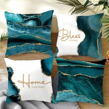 4pcs Peacock Green Agate Stone Gilded Pattern "Bless Home" Cushion Cover Set, Single-Sided Peach Velvet Fabric, 45*45/50*50/40*40CM Pillow Case Suitable For Modern Minimalist Sofa Living Room Decor, Gift, Party Decoration - Multicolor - View 10
