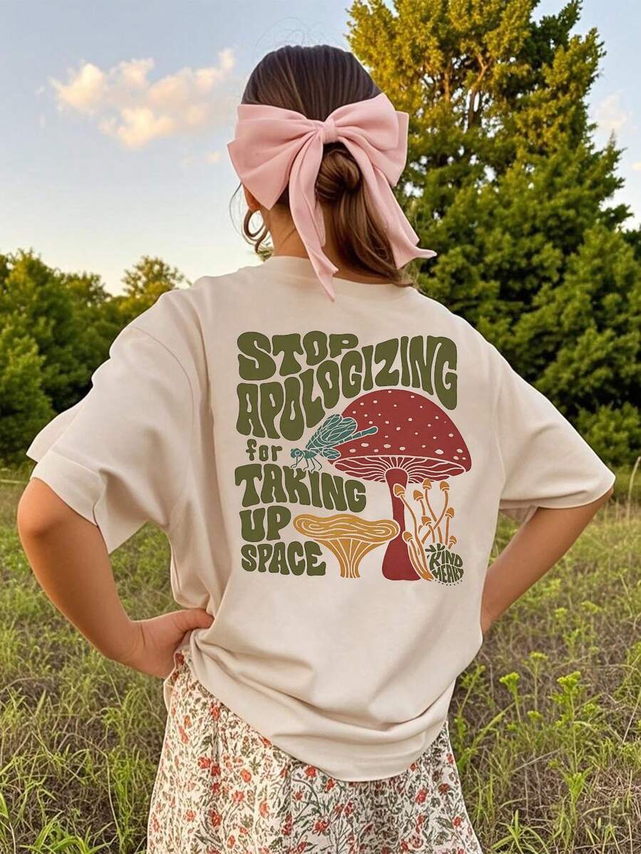 Tween Girls Students Casual Printed Round Neck Short Sleeve T-Shirt, Summer Top - Apricot - View 1