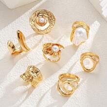14/7/3pcs Vintage Elegant Exaggerated Coin-Inspired Women Metal Rings, Containing Floral, Asymmetric, Pearl, Pleated, Wide, Hollow, Asymmetrical Geometric Multi-Elements Open Design, Suitable For Daily, Party, Wedding, Holiday Wear, Gift - Gold - View 8