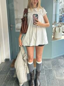 Women's Fairycore Babydoll Blouse Tops, Y2K Short Sleeve Shirt Mini Dress, Cute Solid Color Doll Collar Loose Blouses, Summer Casual Tops For Teen Girls, Streetwear, Aesthetic Clothes - trắng - Xem 1
