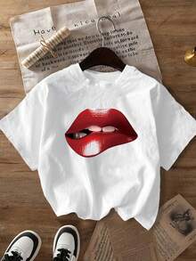 性感红唇印花女式T恤 | 时尚风格，印花女式T恤，女式上衣，宽松舒适，适合春季，大码女装，白色上衣，女式衬衫，日常穿着 - 白色 - 查看 3