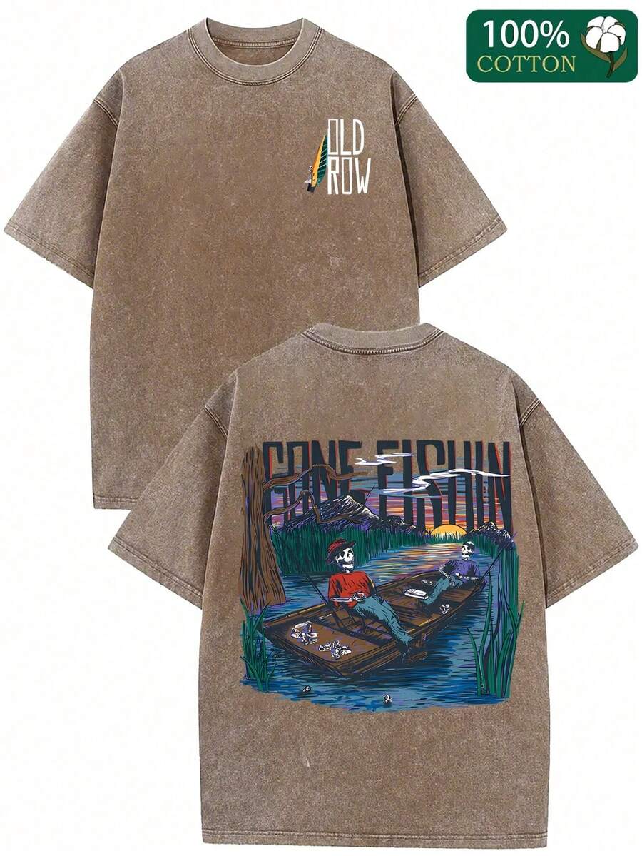 Old Row Washed T-Shirt - Double-Sided Fishing Graphic & Letter Print, Retro Vintage Design, Relaxed Fit Unisex Tee For Men & Women, Spring Summer Casual Outdoor Wear, Fishing Shirt - Coffee Color - View 1