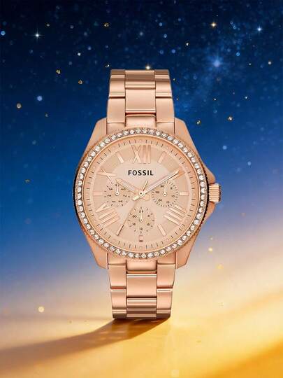 Fossil Women's Luxury Rose Gold Stainless Steel Watch, Crystal Bezel With Roman Numerals, Multifunctional Boyfriend Style Wristwatch AM4483