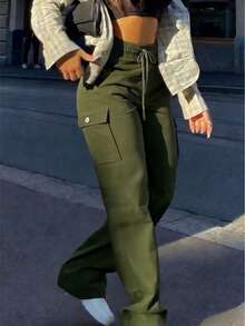 Spring Summer Women's Vintage Casual Fashionable Olive Green Side Pockets Y2K Straight Leg Cargo Pants, Retro Street Multi-Pocket Elegant And Cute Work Pants - 橄欖綠 - 查看 5