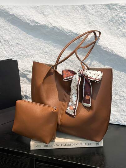 (With Scarf) 2pcs Set Solid Color Large Capacity Shoulder Tote Bag And Clutch Purse, Made Of PU Leather, Suitable For Girls/Women Daily Use, Work And Shopping, Also Ideal For Mother-Daughter Matching, Best Gift For Mother's Day (Scarf Color Random)