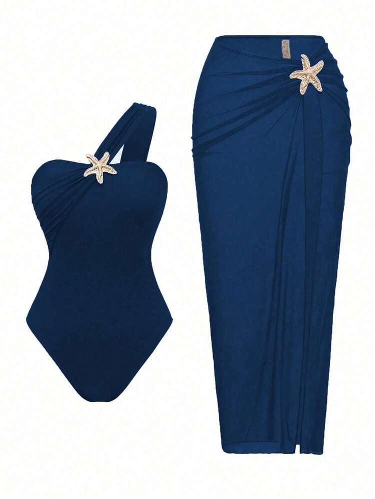 Conjunto de traje de baño de una pieza negro sexy y elegante con falda decorada con estrellas para vacaciones en resort de playa de moda - Azul Marino - Añade 2