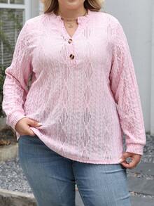 新款欧美边境风V领宽松短袖T恤，提花纯色上衣，适合大码女装，春夏休闲粉色 - 粉色 - 查看 2