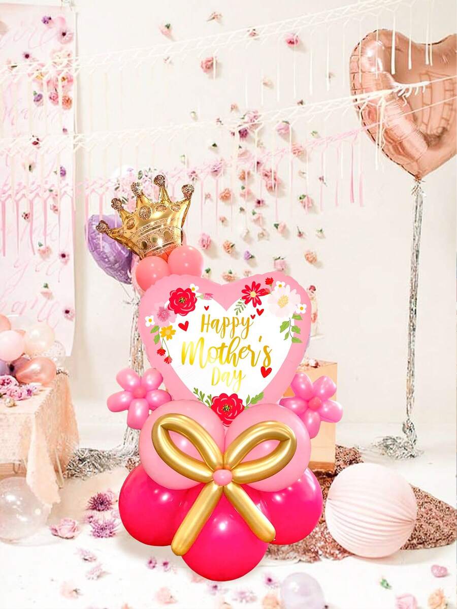 21pcs Mother's Day Balloon Set, "Happy Mother's Day" Heart-Shaped Foil Balloons, Includes Crown, Mother's Day Foil Balloons, Pink, Gold, Hot Pink Latex Balloons, Suitable For Celebrating Mother's Day, Anniversary, Mom's Birthday Party - Multicolor - View 1